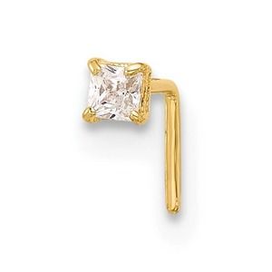 Solid 14K Yellow Gold Square Cubic Zirconia Nose Stud Ring 22 Gauge